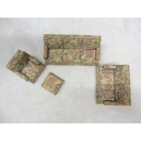DOLL HOUSE MINIATURE LIVING ROOM SET SOFA LOVESEAT CHAIR OTTOMAN NEEDS CLEANING - Picture 1 of 2